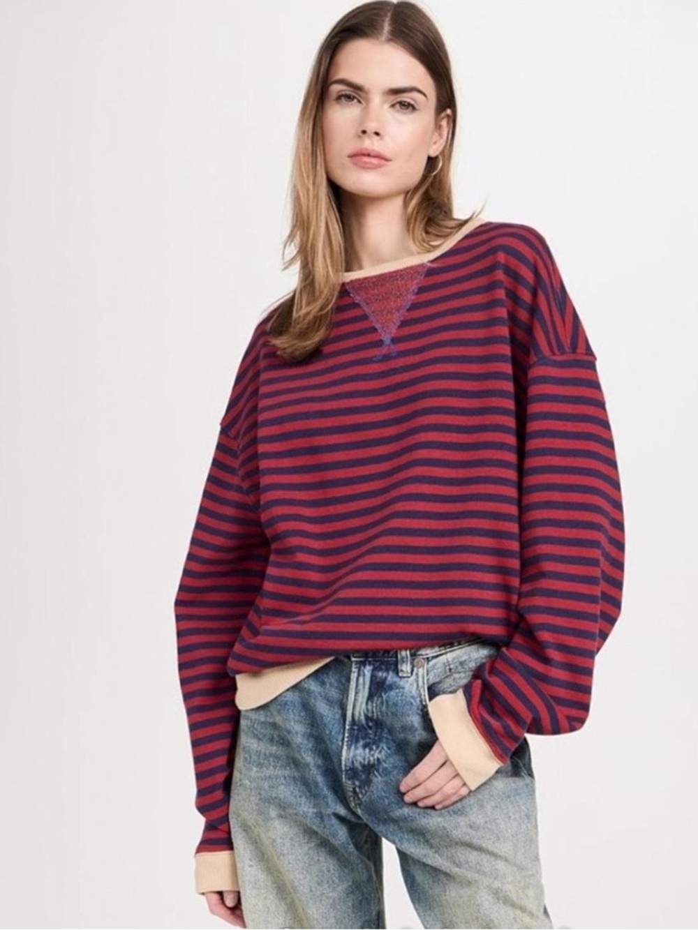 Free People Striped Slouchy Crewneck Sweatshirt in Burgundy & Navy